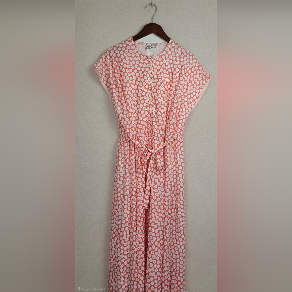 Vintage Haband For Her Coral and White Floral  Dolman Belted Dress Like New 18P